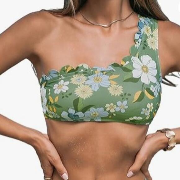 CUPSHE Brand NWT Size Large Green & Blue Floral Bikini One Shoulder Swimsuit - Picture 1 of 5
